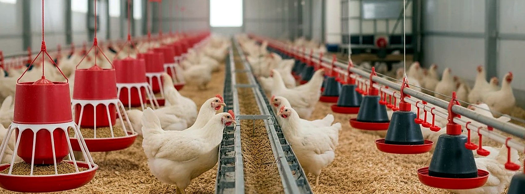 Poultry house with bell feeders and drinkers